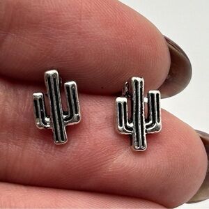 Small Novelty Silver Tone Cactus Stud Earrings Southwestern Fun Nature
